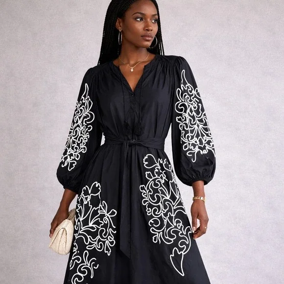 Chicos Maxi Dress Womens 2/12 Popover With Embroidery Pima Cotton Coastal Preppy - Picture 2 of 16